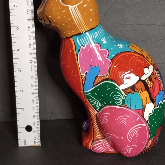 Cat Terracotta Clay Figurine 8” Tall  Bright Colors HAND PAINTED - Picture 5 of 5